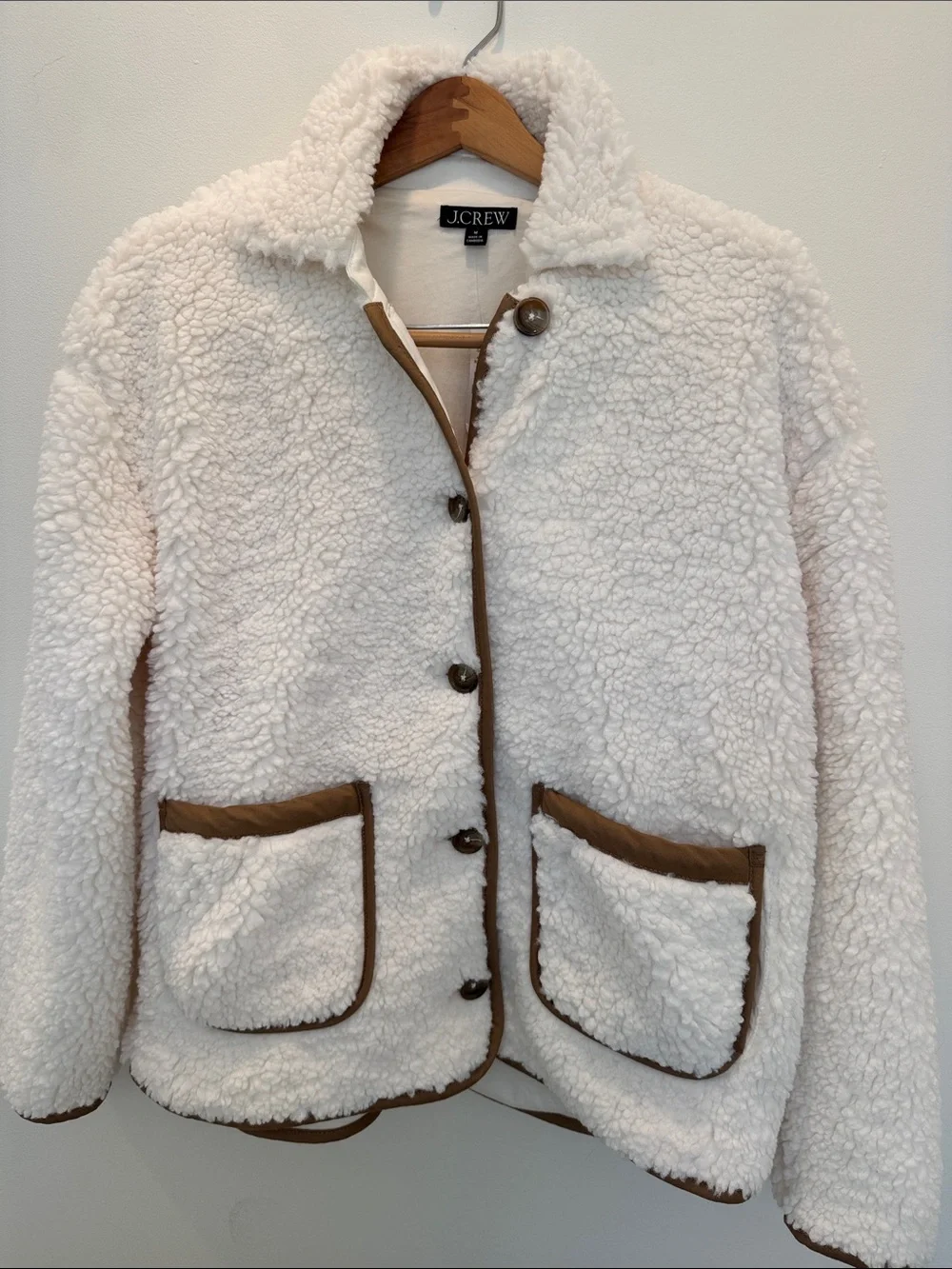 J. Crew Cream Sherpa Jacket with Brown Trim